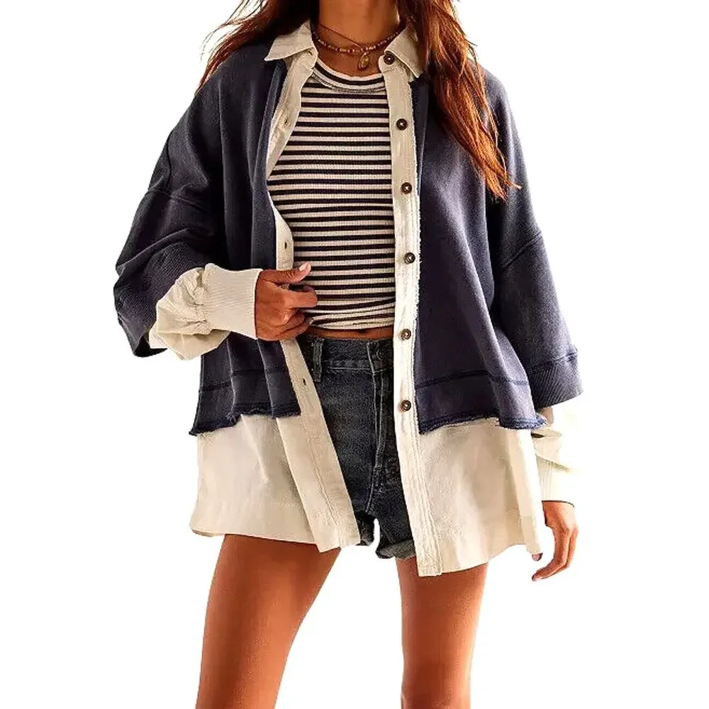 Free People We The Free Rebel Rebel Twofer Shirt Jacket XS Blue Layered Cardigan
